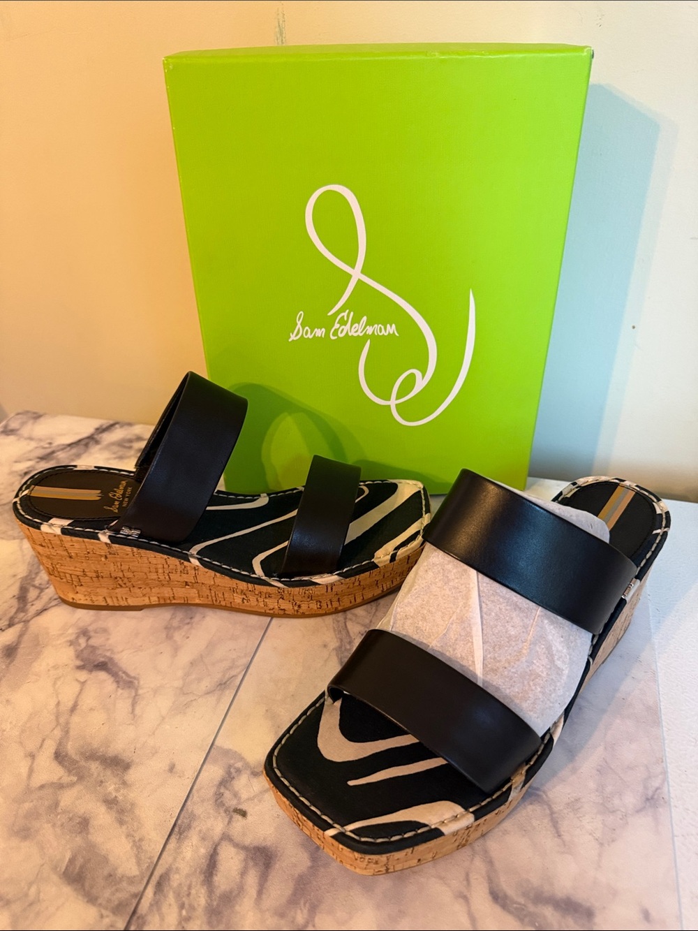 Sam Edelman Black Leather Double-Strap Cork Wedge Sandals